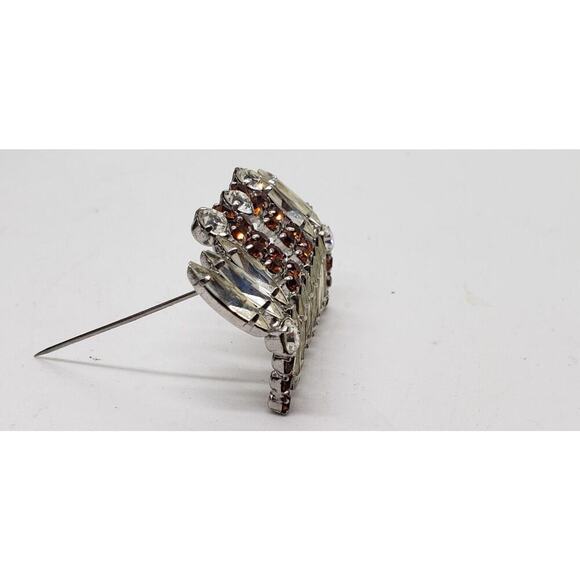 Vintage Rhinestone Brooch Shoulder Pin Clear & Topaz Silver Toned Abstract - Picture 10 of 15